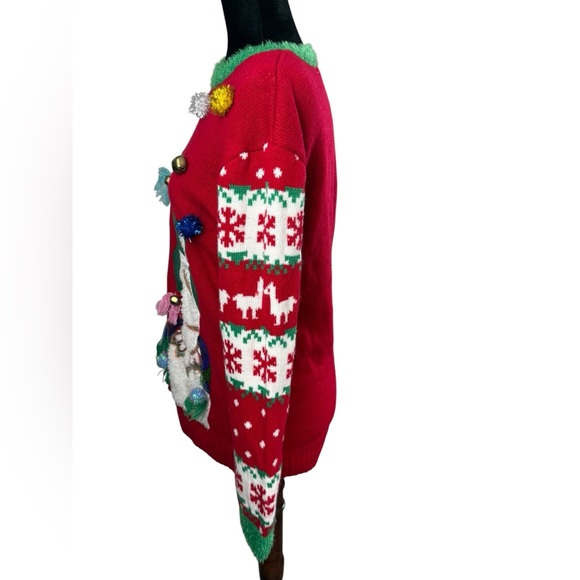 Hooked Up Ugly Christmas Sweater Red with Llama Design POM POM & jingle bells - Picture 6 of 13